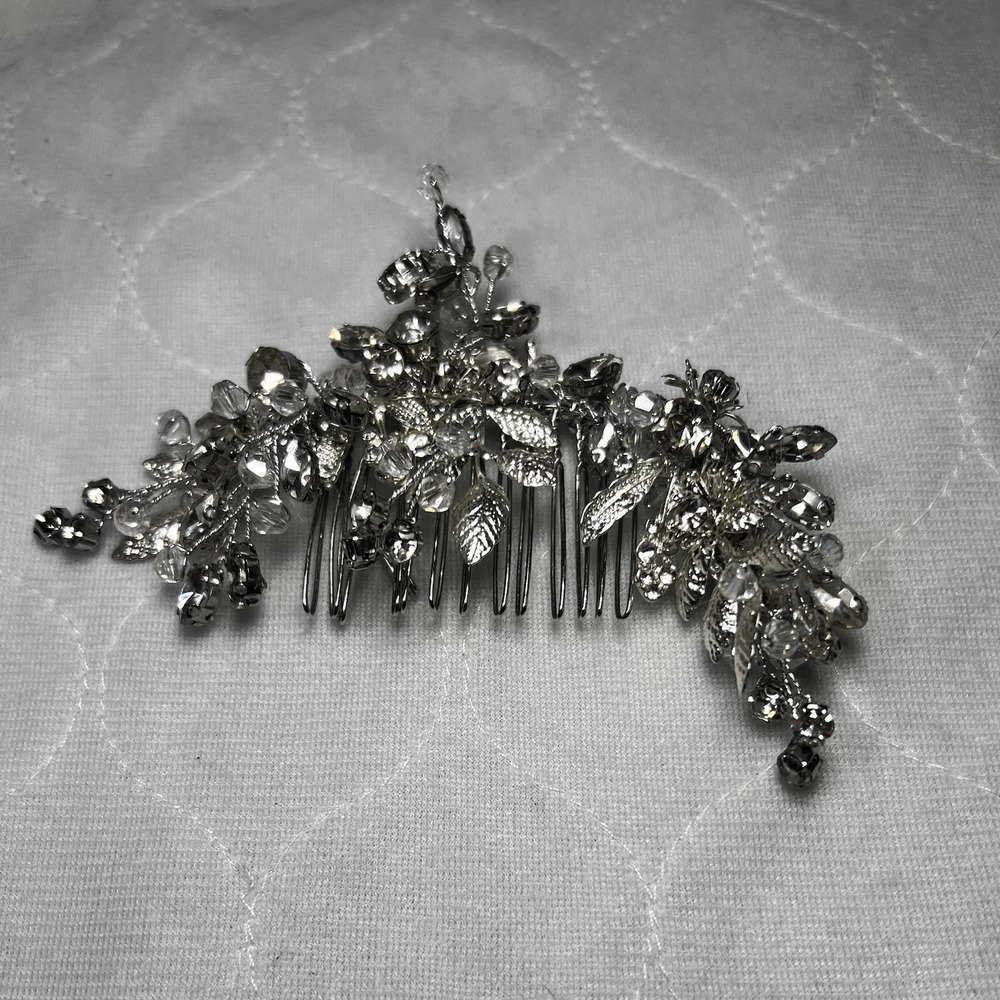 Crystal Leaf Hair Pin Wedding Prom Silver Tone Accessory Vintage Rhinestones